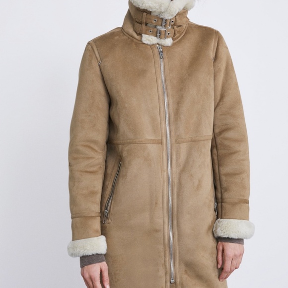 ZARA Fur Suede Long Biker Coat:Camel, US L/EUR L - Picture 3 of 12